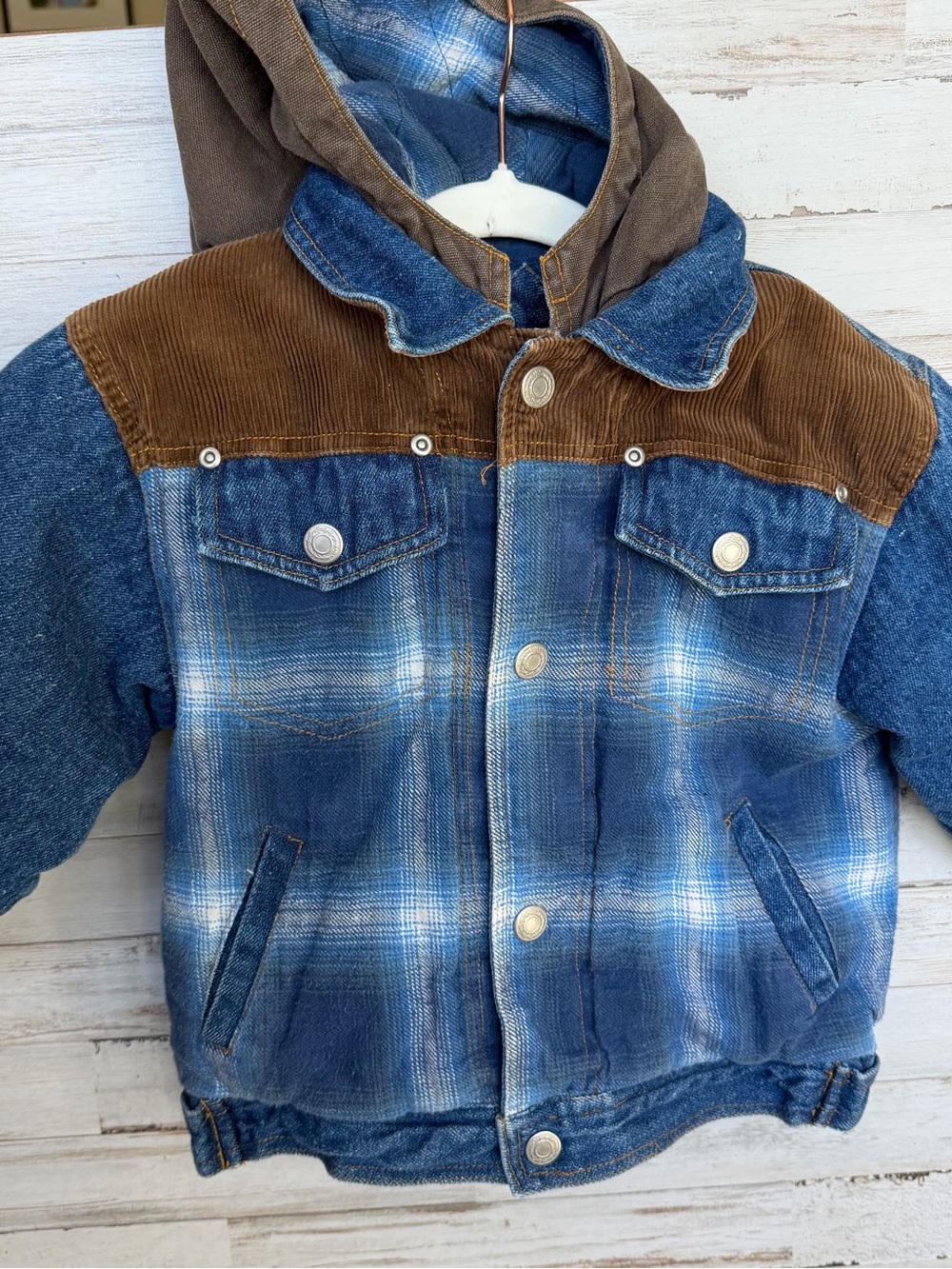 Kids Vintage Blue Plaid Hooded Jacket with Brown Corduroy Yoke